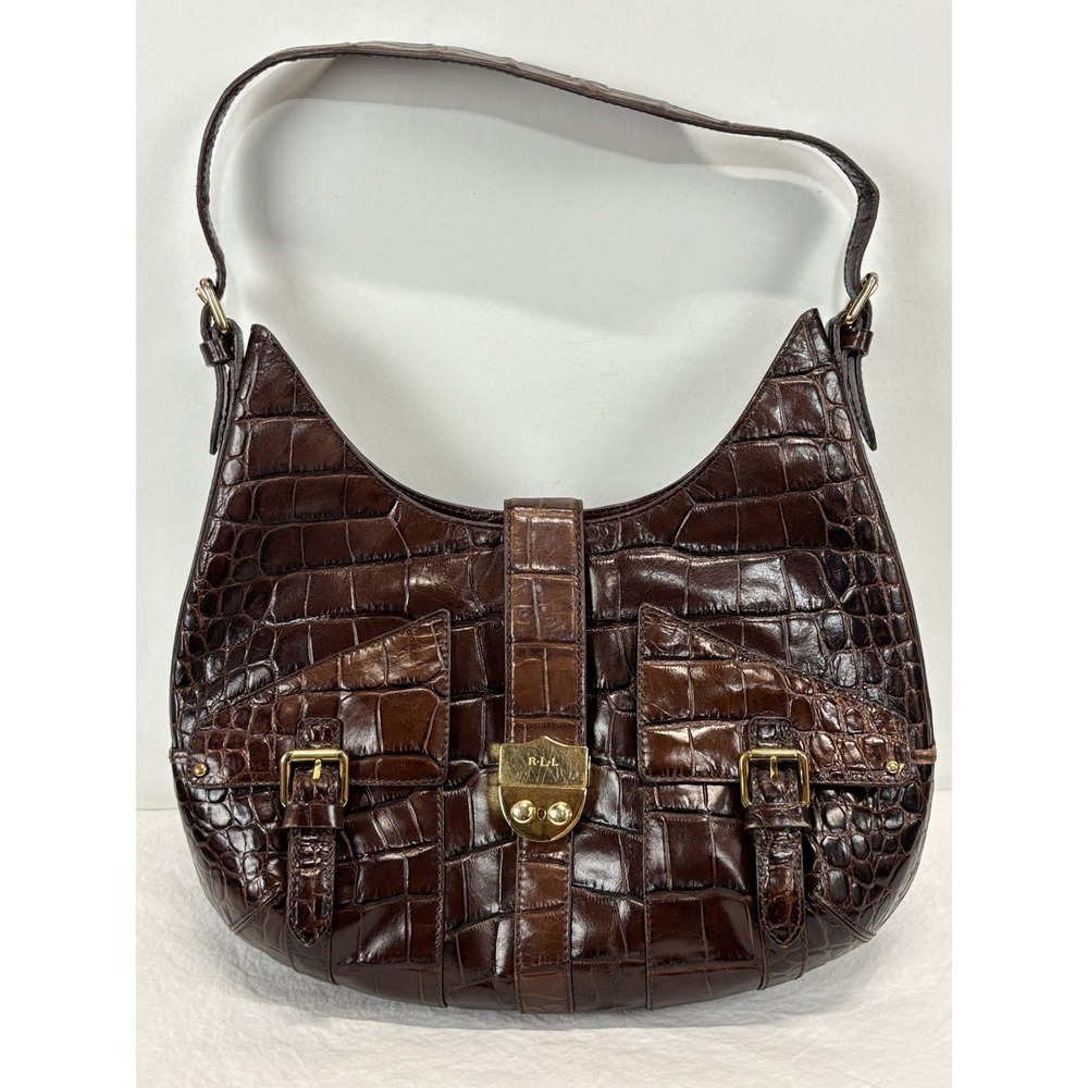 Lauren Ralph Lauren Croc Embossed Leather Hobo Purse Brown Shoulder Bag - Picture 1 of 11